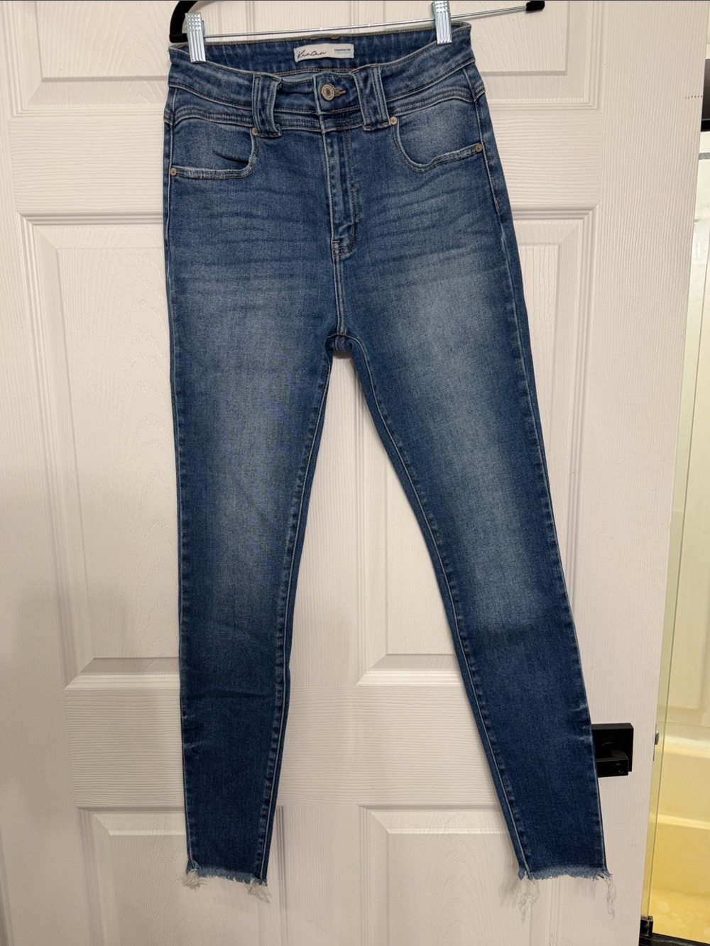 KanCan Skinny High-Rise Jeans in Blue Denim with Frayed Hem